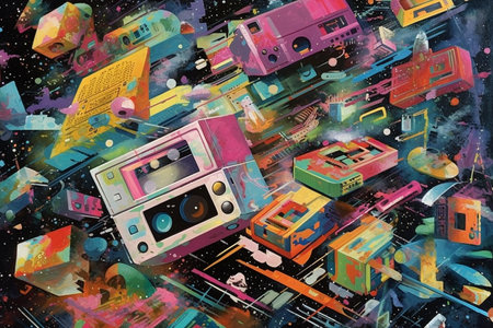 Fantasy; collage; boardgames, video games, abstract graphic, hand painted,retro 1980's splash art; casette tapes.の素材