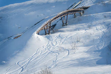 Old ski ramp in the north of Russia, Kirovsk, one of the oldest ski resorts in the countryの写真素材
