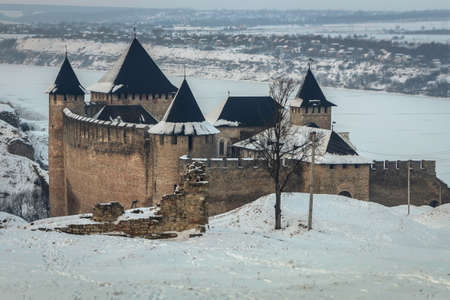 Snowy fortress Khotyn in western Ukraine. One of the most famous sights of medieval architecture of the countryのeditorial素材