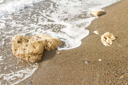 Serene beach in the Crimea with golden sand, stones in seawater. Bright green-blue sea and surfの写真素材