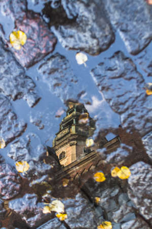 Tower of Catholic Duomo in the center of Riga, Latvia is reflected in a puddle in the fall, among...