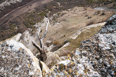 Cave city Tepe-Kerman in the Crimea. The ancient city among the rocks on the background of a mountain rangeの写真素材