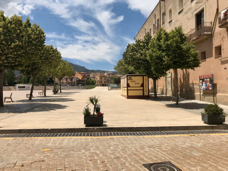 Montblanc, Spain, June 2019 - A clock tower in the middle of the street. High quality photoの写真素材