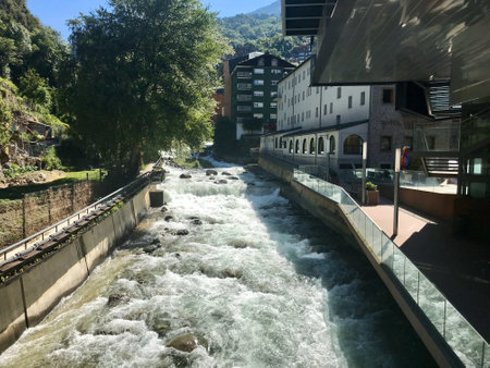 Andorra la Vella, Spain, June 2019 - A bridge over a river. High quality photoの写真素材