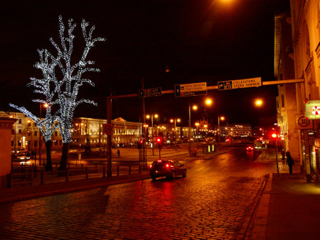 Helsinki, Finland, February 2018 - A traffic light on a city street at night. High quality photoの写真素材