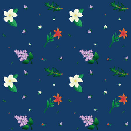 Simple seamless pattern with beautiful flowers. Orange-red lily, white jasmine, purple lilac and...