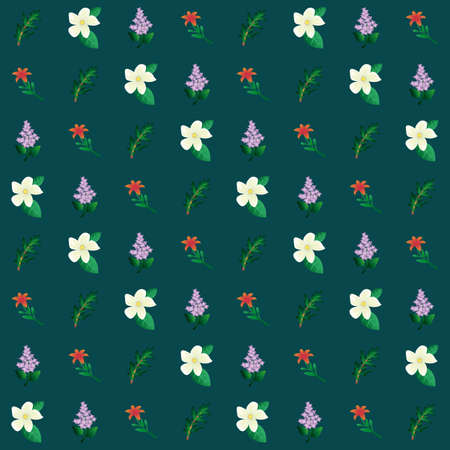 Simple seamless pattern with beautiful flowers. Orange-red lily, white jasmine, purple lilac and...