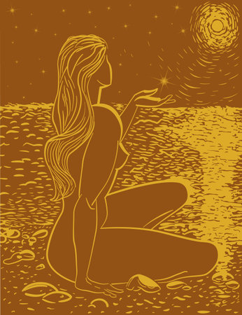 A girl at night sits on the seashore and looks at the stars and the full moon, reflected in the smoothness of the water. Drawing with brushesのイラスト素材
