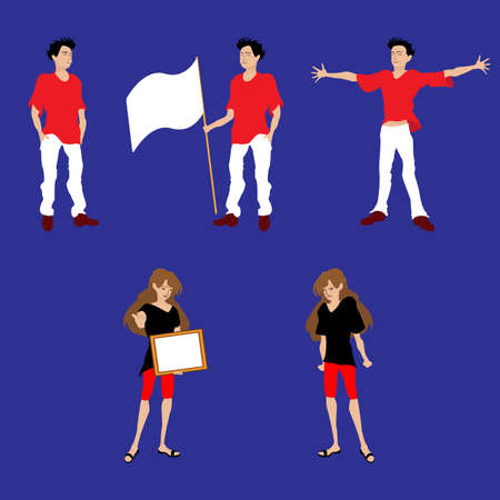5 people icons. The guy with the flag. The guy looks into the distance. The guy spread his arms. Contented girl with a picture. Disgruntled girlのイラスト素材