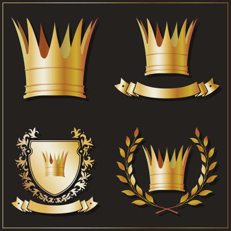 Gold Crown. Different types and backgrounds with golden crowns. Coat of arms with a golden crownのイラスト素材