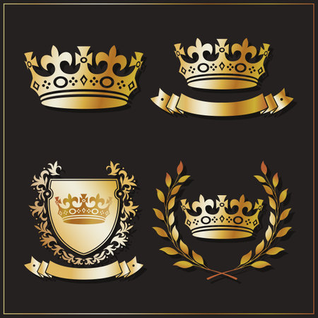 Gold Crown. Different types and backgrounds with golden crowns. Coat of arms with a golden crownのイラスト素材