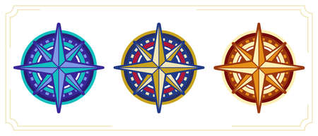 Simple icons of vintage compasses in different colorsのイラスト素材