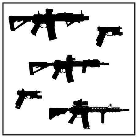 Icons of various machine guns and pistols. Pattern of black guns on a white backgroundのイラスト素材