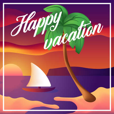 Seashore with a beautiful sunset, a ship and a palm tree with coconuts. Example of a background for a postcardのイラスト素材