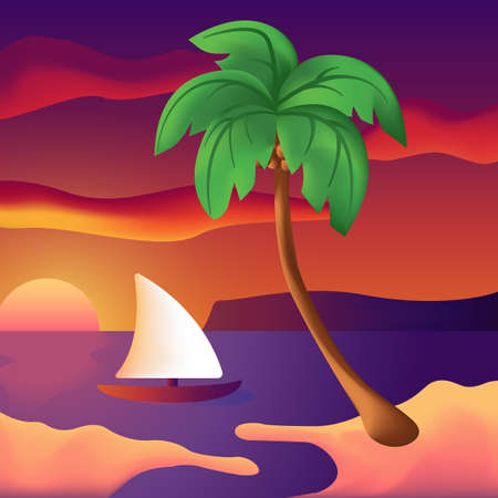 Seashore with a beautiful sunset, a ship and a palm tree with coconuts. Example of a background for a postcardのイラスト素材