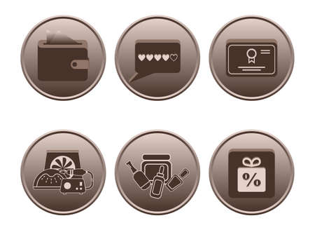 Set of icons for the master of manicure in coffee shades. Price list icons; for reviews; for certificates; for equipment: milling cutter, lamp for drying nails, extractor; for varnishes and discountsのイラスト素材