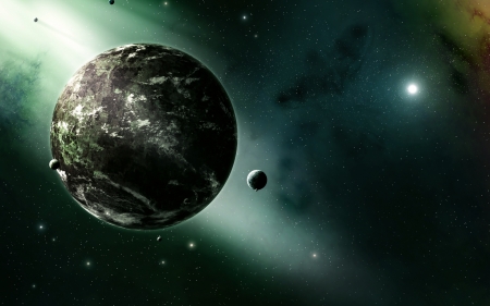 Imaginary planets moons stars nebula in spaceの写真素材