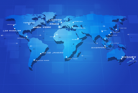 aviation background with planes over the map with major city namesの写真素材