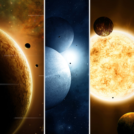 Imaginary space and astromony banners with planets and moons