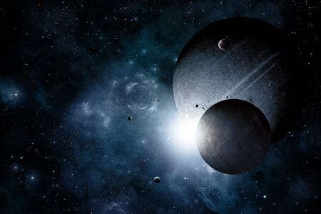 blue deep space abstract imaginary illustration with planets and moons