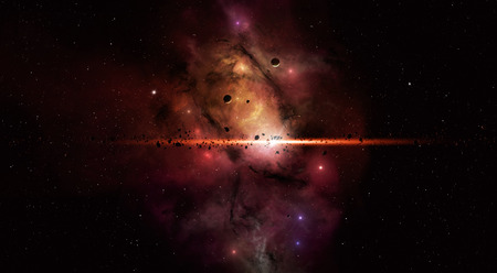 imaginary deep space star filed with asteroids stars and planetsの写真素材