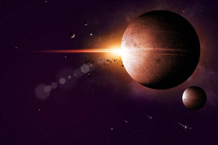 abstract imaginary deep space illustration with planets and asteroids
