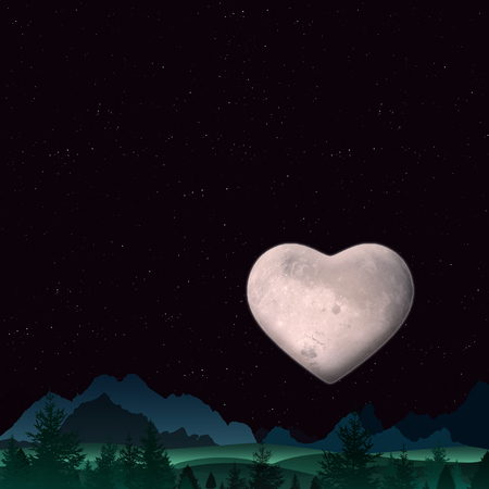 heart shape moon rising at night in country among trees and mountains