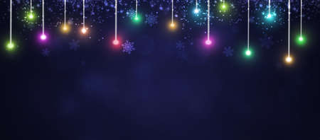 multicolor xmas lights banner with snowflakes of winter time