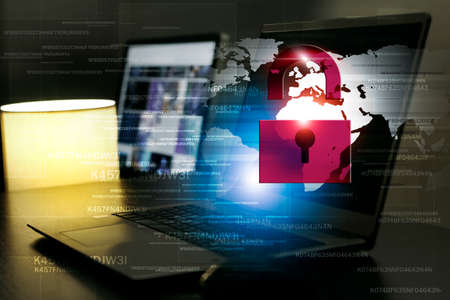 computer security digital coding. red lock password concept mix media background