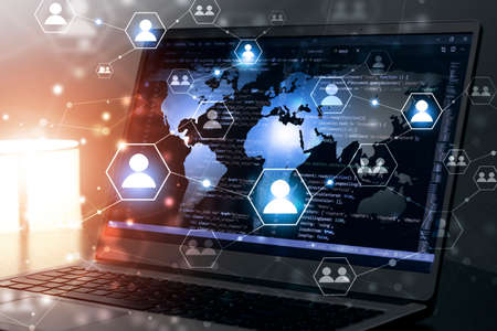 hands on laptop programming web coding front-end web developing. mix media background