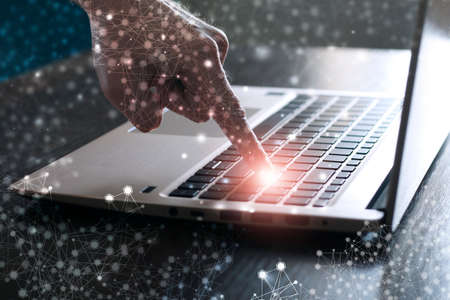 hands on laptop programming web coding front-end web developing. mix media background
