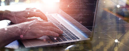 web mouse in hand. internet technologies concept business connections banner. mixed media