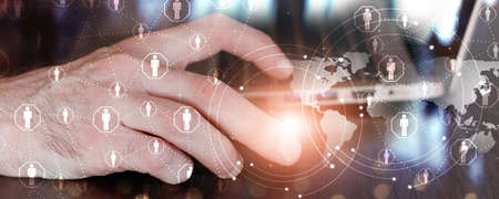 finger on computer mouse. internet technology concept business web connection banner. mixed media