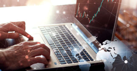 business technology finance stock exchange market chart. world map top backgroundの写真素材
