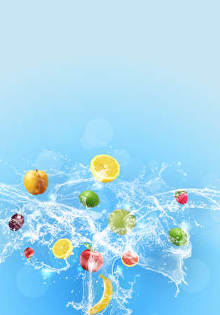 fresh summer exotic tasty fruit water splash bright healthy bannerの写真素材