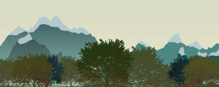 wood of autumn trees. autumn landscape view on forest and mountains. nature bannerの写真素材