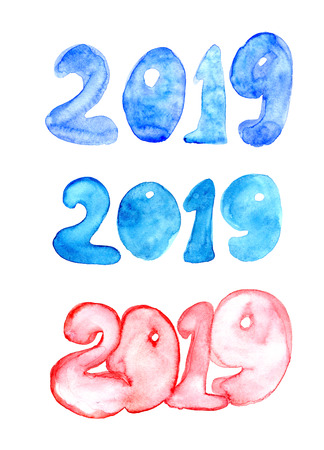 2019 with a brush painted colorful twenty nineteen letterの写真素材