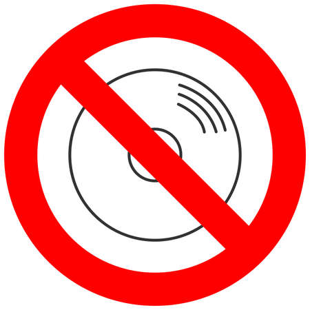Forbidden sign with disc icon isolated on white background. Disc is prohibited vector illustration. Disc drive index is not allowed image. CD and DVD are banned.のイラスト素材