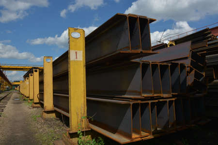 Steel beam. Metal I-beam. Stuck of girders. Steel joist.の写真素材