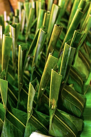 Thai dessert in natural packaging which is ecology design and friendly design with environment because it can degradable by nature.の写真素材
