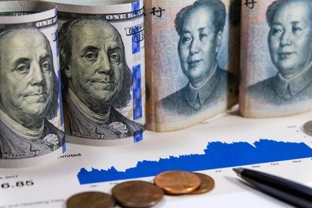 US dollar and Yuan China which its are 2 biggest countries for economic growth.Now America and China announce tariff tax policy to make conflict.の写真素材