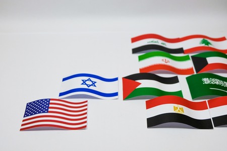 Multi color flags of Israel and Palestine on white background which it are supported by United state and Arab country group such as Iran Kuwait .の写真素材