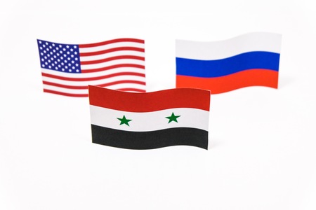 Among Syria United state and Russia flags with white background which its are symbol for civil war in the country and support by both American and Russian.の写真素材