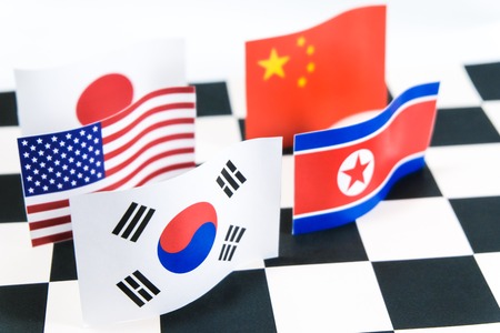 South Korea and North Korea flags with white background .Current situation both country have a good relation after president meeting.の写真素材