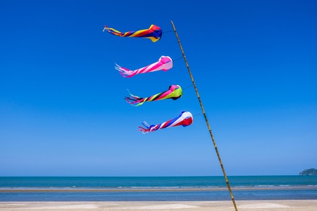 Beauty colorful kite or flag fly on the beach where it have white sand and blue sky on long holiday. Relaxation time  concept.の写真素材