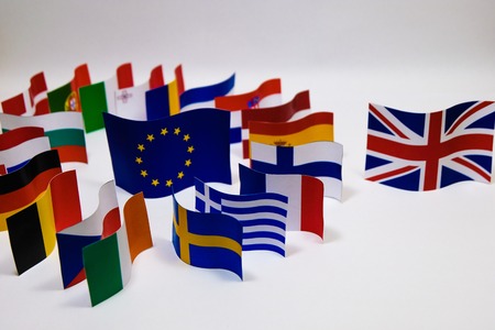 Multi color flag of European Union with white background for British Exit (BREXIT ) concept.の写真素材