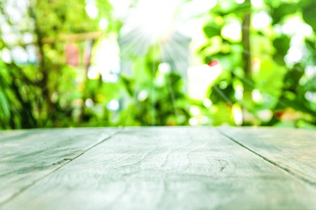 Blank  old wood table top with blur green background in the garden and morning time.For montage product display or design key visual layout of advertisement.の写真素材
