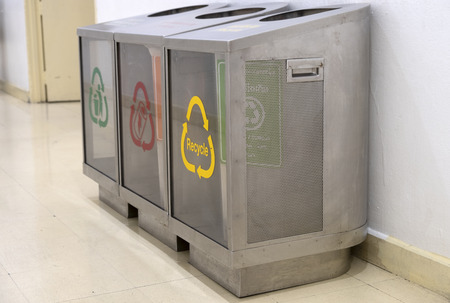 close up aluminium recycle bin or trash in shopping mallの写真素材
