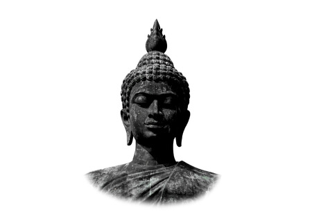 Beautiful black stone Buddha head on white background.の写真素材