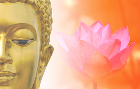 Double exposure of ancient Buddha face statue and pink lotus flower or water lily.の写真素材